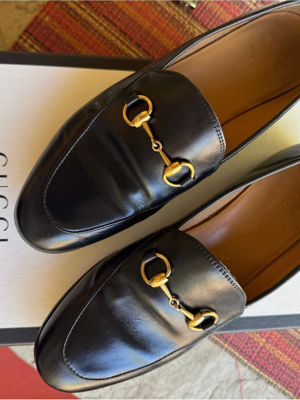 Gucci Betis Glamour Nero 404069 Black Leather Horsebit Loafers Gold Tone Sz 35.5